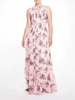 Marchesa Bridesmaids Halter Printed Lurex Chiffon Gown