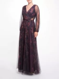 Marchesa Bridesmaids Salerno Printed Gown - Aubergine