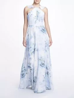 Marchesa Bridesmaids Pavia Printed Gown - Dusty Blue