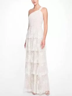 Marchesa Notte One Shoulder Beaded Glitter Gown