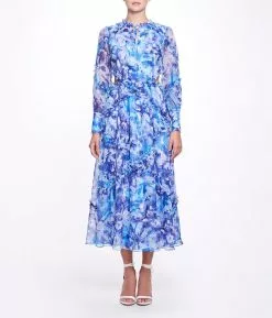 Marchesa Notte Abstract Floral Printed Chiffon Maxi Dress