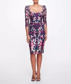 Marchesa Notte Embroidered Tulle Cocktail Dress - Navy Multi