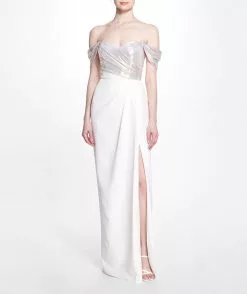 Marchesa Notte Off The Shoulder High Slit Gown