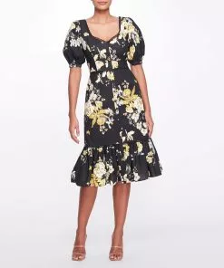 Marchesa Notte Sweetheart Neckline Floral Print Fitted Midi Dress