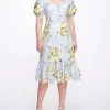 Marchesa Notte Sweetheart Neckline Floral Print Fitted Midi Dress - Dusty Blue -Deals Marchesa Store M00193461399513 2615248372