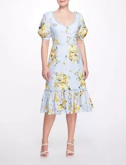 Marchesa Notte Sweetheart Neckline Floral Print Fitted Midi Dress - Dusty Blue