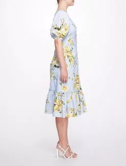 Marchesa Notte Sweetheart Neckline Floral Print Fitted Midi Dress - Dusty Blue -Deals Marchesa Store M00193461399513 3819940046