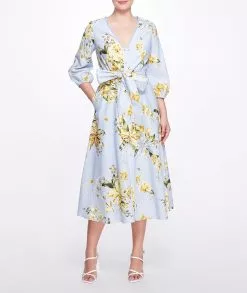Marchesa Notte A-line Midi Dress With Balloon Sleeves - Dusty Blue