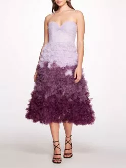 Marchesa Notte Ombré Textured Tulle Tea-Length Gown - Aubergine