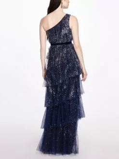 Marchesa Notte One-Shoulder Tiered Gown - Navy -Deals Marchesa Store M00193461431435 2247700389