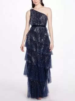 Marchesa Notte One-Shoulder Tiered Gown - Navy