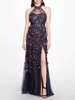Marchesa Notte 3D Floral Appliqué Halter Gown