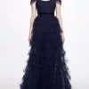 Marchesa Notte Off Shoulder Tiered Gown - Navy -Deals Marchesa Store M00193461433002 1978936385