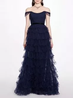 Marchesa Notte Off Shoulder Tiered Gown - Navy