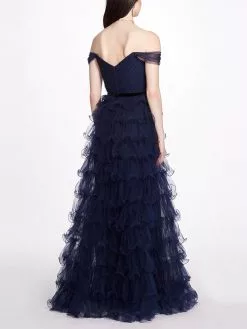 Marchesa Notte Off Shoulder Tiered Gown - Navy -Deals Marchesa Store M00193461433002 2007034275
