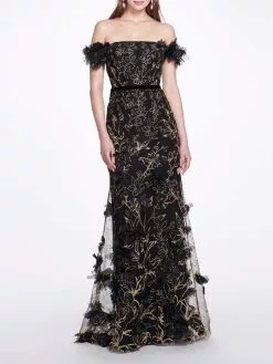 Marchesa Notte Off-The-Shoulder Embroidered Gown - Black