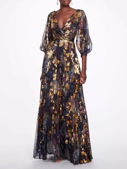 Marchesa Notte Pleated Printed Chiffon Gown - Black Gold -Deals Marchesa Store M00193461439714 2669152941
