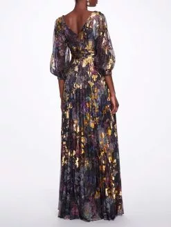 Marchesa Notte Pleated Printed Chiffon Gown - Black Gold -Deals Marchesa Store M00193461439714 3522600883