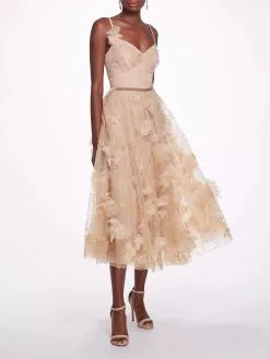 Marchesa Notte Sleeveless Embroidered Tea-Length Gown - Nude