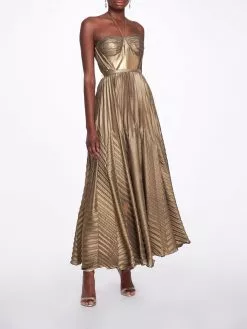 Marchesa Notte Halter Georgette Tea-Length Gown - Gold