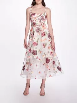 Marchesa Notte Embroidered Floral Tea Length Gown - Ivory
